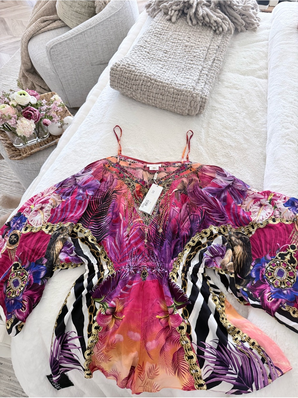Swim Cover Up 
Vibrant Multicolor Tropical Print Flutter Sleeve